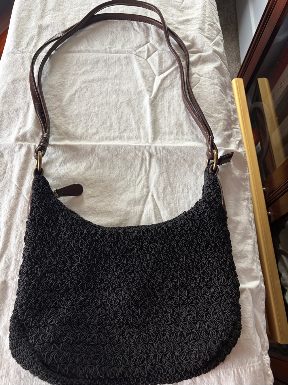 Coldwater Creek Black Crochet Shoulder Bag with Brown Leather Straps